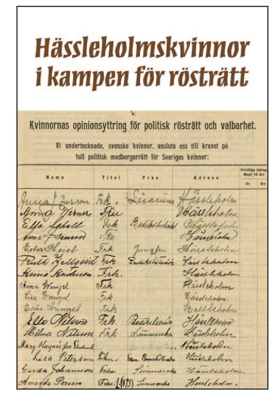 Lista med namn från namninsamlingen för kvinnlig rösträtt